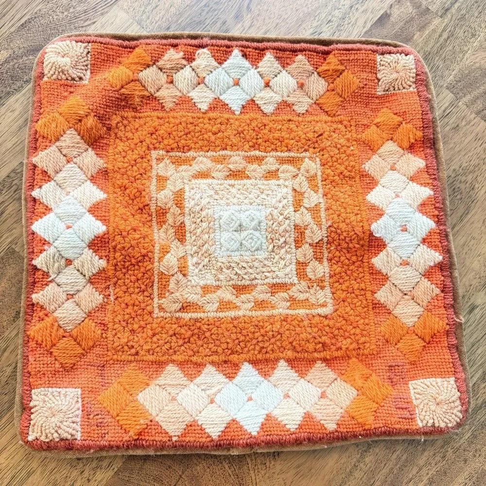 2 X Vintage Mid Century Pillow Covers 1976 Needlepoint Orange Geometric MCM